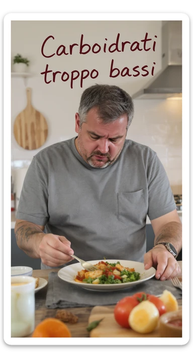 Uomo sui 35 anni in cucina, con espressione affaticata e spenta, guarda un piatto con pochissimi carboidrati (solo qualche verdura e proteine). Accanto a lui, fogli con una dieta rigida e una scritta visibile: 'Carboidrati troppo bassi'. sticker