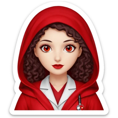 Lilith scalpel in hand, evil surgeon outfit.  She has red eyes. She has dark brown curly hair. Hair is long . Wears sexy doctor outfit with red gloves. Clears, mouth with Muslim red burka sticker