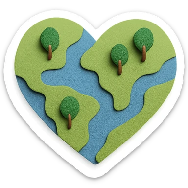 heart-shaped planet with tiny trees and rivers, paper craft style sticker