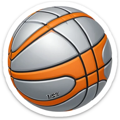 shiny silver basketball with orange seams, metallic silver material, reflective surface sticker