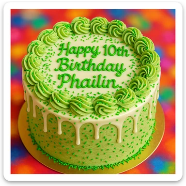 A round matcha white chocolate cake with green sprinkles, vibrant colors, festive and celebratory atmosphere, clear readable writing on top that says 'Happy 10th Birthday Phailin.', decorated cake, bright and colorful. sticker