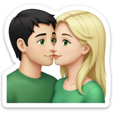 Smiling kissing couple of boy with short black hair and green eyes and blonde girl with long hair sticker