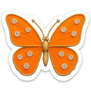 single tangerine orange butterfly, bright orange enamel, sparkling gems, transparent background sticker