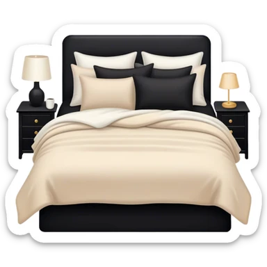 Black bed with pillows and blankets, cozy vibe white and beige sticker