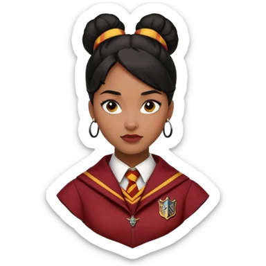 Angelina Johnson in harry potter, wear hogwarts gryfindor uniform,  thick, black bun hair , reflecting her bold, stylish, and strong personality sticker