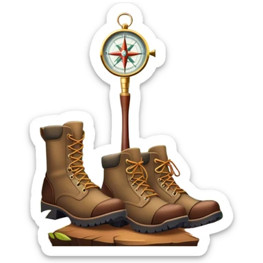 emoji for Hunting Tourism: a hunting rifle, hunting boots and a compass on a forest background, with a silhouette of wildlife in the distance. The icon should capture the adventure and connection with nature in hunting tourism. Transparent background. sticker