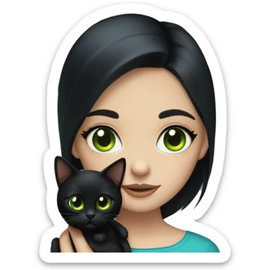 Girl with black hair and blue eyes holding a black cat with green eyes  sticker