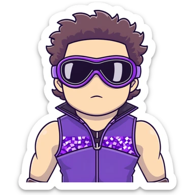 close-up of bad guy male athlete with white skin and moderately curly dark brown hair on top with shaved sides, wearing ski goggles with purple frames and very dark black lenses, a simple plain black chain necklace, and a completely unzipped sleeveless vest with purple and black sequin fire pattern design with no logo, with an extremely arrogant sneer on his face, looking menacing and villainous, exuding overconfidence and a threatening aura sticker