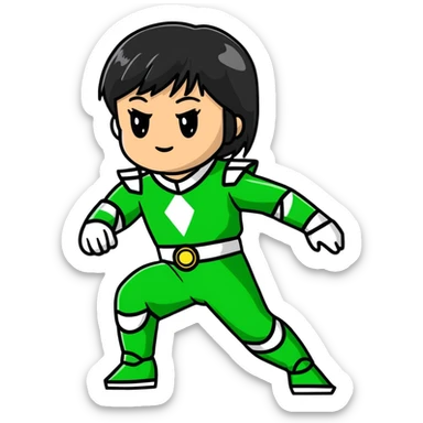 wasian girl in a green Power Ranger suit, black straight hair, black eyes sticker