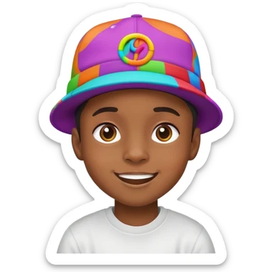 black kid with a colorful hiphop hat, happy face sticker