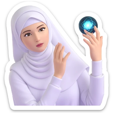 woman with white hijab interacting with holographic metaverse interfaces, augmented reality displays, virtual machine artifacts, digital world sticker