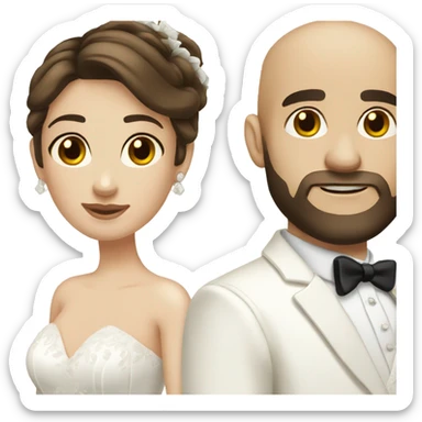 bride with long brown hair and bald dark hair and dark eyes bearded groom with white suit sticker