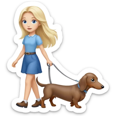 blonde girl with long hair and blue eyes walks with a gray dachshund sticker