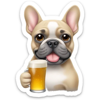 Tan and gray French bulldog holding a beer sticker