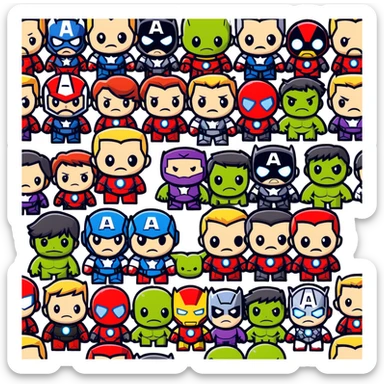 Chibi Avengers team with cute small proportions, big heads, tiny bodies. Include Iron Man, Captain America, Thor, Hulk, Black Widow, and Hawkeye with adorable expressions sticker