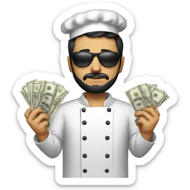 very sad men with black sunglasses, black short hair, small  beard, dressed as chef, with dollars in one hand and food on the other hand sticker