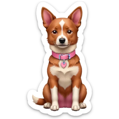 Australian red heeler dog sitting down facing forward, with a pink collar around neck sticker