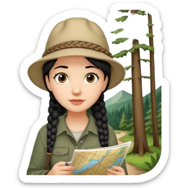 A braid black hair backpacking woman checking her map with curious eyes while walking in the woods with camping hat sticker