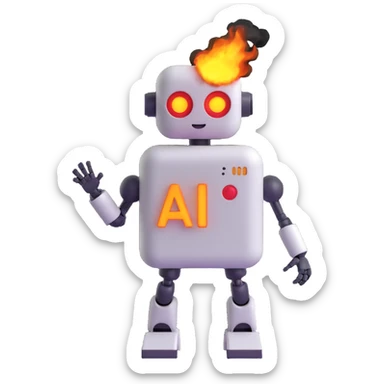 3D emoji style robot with 'AI' on chest, overheating, catching fire, sparks and smoke rising sticker