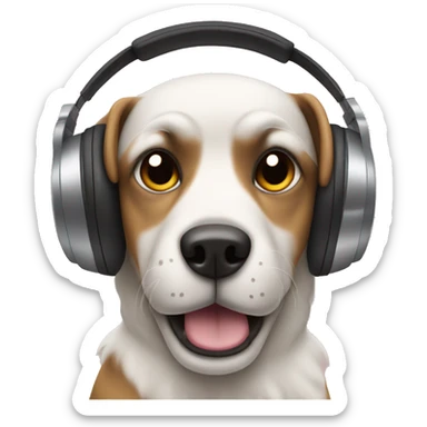 Dog listening to music with headphones on and his hands on them sticker