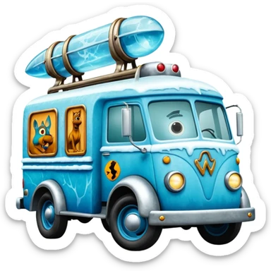  Mr. Creepy Freeze’s shiny frozen Scooby Doo 1918 Lightning Bug busters exterminators antique long wheelbase moving truck  sticker