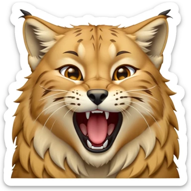 Cinematic-detailed-Yawning-Lynx-Portrait-Emoji – Head tilted slightly with a dramatic, wide-open yawn, revealing a sleek golden-brown fur coat with subtle spots, signature black ear tufts standing tall, round amber eyes barely open in drowsy contentment zoomed out to show the shoulders sticker