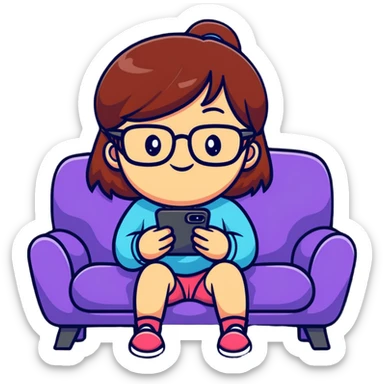 A cute young girl with glasses sitting on a couch, happily playing a mobile phone game with a cheerful expression sticker