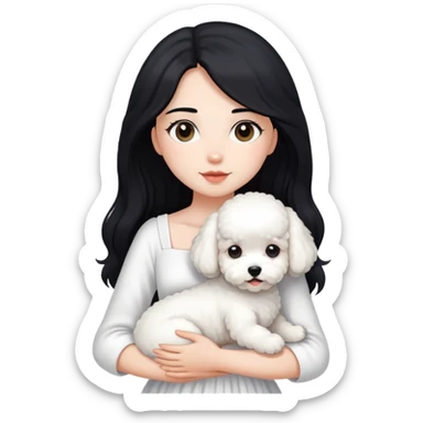 A beautiful girl with long black hair wearing a white dress holds a small white Bichon Frise in her arms sticker