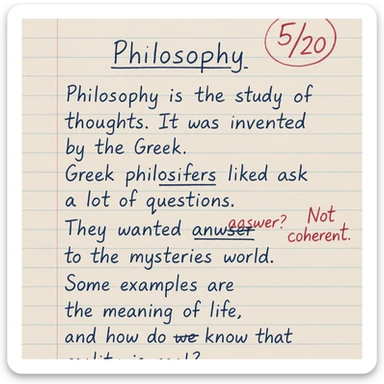 handwritten high school philosophy paper on lined notebook paper, blue or black ink, grade 5/20 circled in red at the top, teacher's comment in red pen, some corrections and underlines sticker