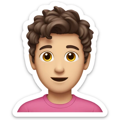 White boy with dark brown hair flipped to the side. Pink shirt.  sticker