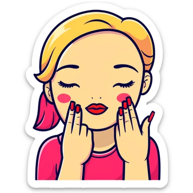 A cute face with closed eyes that form upward curved lines, eyelashes, pursed lips with lipstick, and a hand gesture with only the thumb out while other fingers are closed, all nails painted sticker