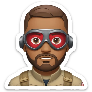 sam wilson with very short, neatly cropped and a well-groomed beard that connects to his mustache,  wear sleek, red-tinted tactical goggles fit snugly from captain america: civil war sticker