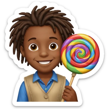 A small black dread lock hair boy holding a giant lollipop, smiling with sticky cheeks. sticker