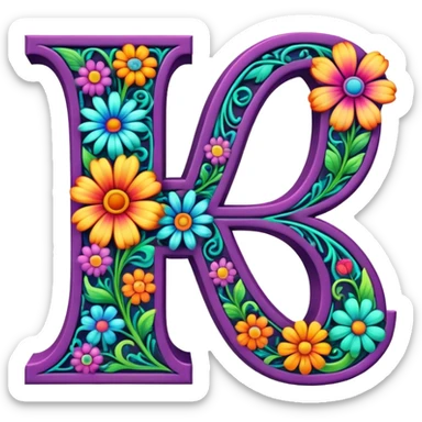 3D, gothic style psychedelic colored capital Letter L with hippie style flower border sticker