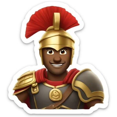 n apple emoji, of a very smiling man, who looks like a Roman warrior with a gold helmet with a red crest, background in png, no light or shadow sticker
