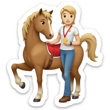 friendly anthropomorphised stallion in jeans and a t-shirt, standard pose, wearing a gold medal sticker