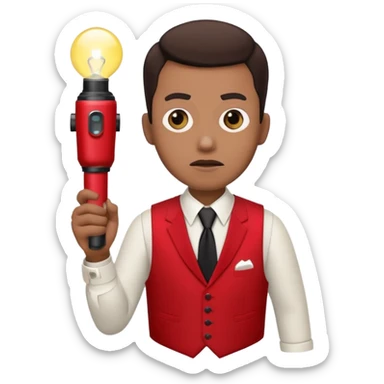 Movie theatre usher in red vest and black tie with normal flashlight looking scared sticker
