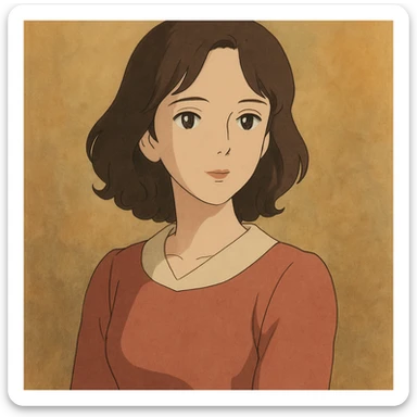 tasteful portrait of a brunette woman, soft lighting, elegant expression, color illustration, ghibli style sticker