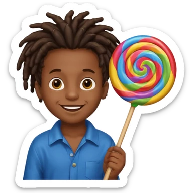A small black dread lock hair boy holding a giant lollipop, smiling with sticky cheeks. sticker