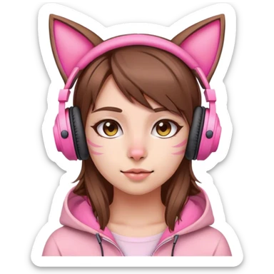 brown haired gamer girl wearing pink cat ear headphones sticker