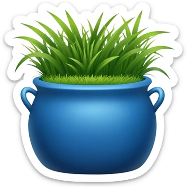 a small blue cachepot without handles with grass leaves gathered in a pile. sticker