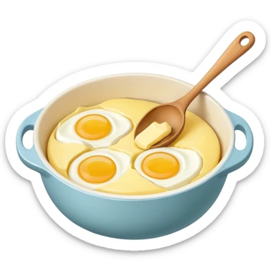 A carton of eggs, butter and a cream ceramic baking bowl with a wooden spoon in it sticker