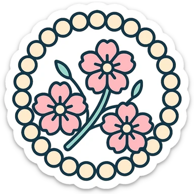pastel sakura branch with a pearl border, color outline icon style sticker