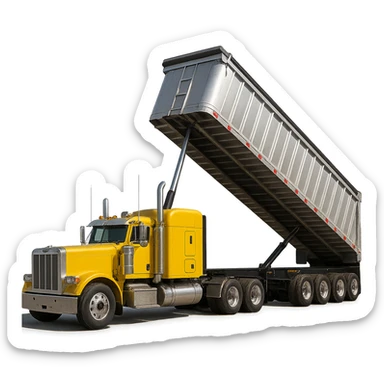 highly photorealistic long silver end dump trailer in the raised dump position, attached to a yellow semi sleeper truck, detailed textures, realistic lighting sticker