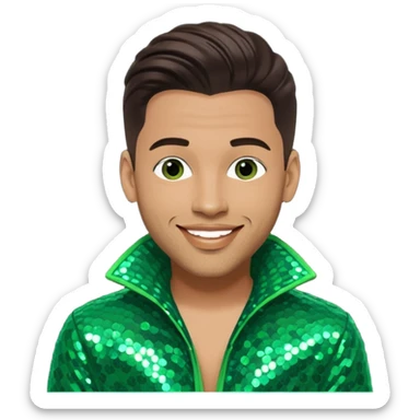 Sam Watters, Male R&B Singer (b. 1970) from Color Me Badd with long dark brown hair, green sequin outfit, light skin  sticker