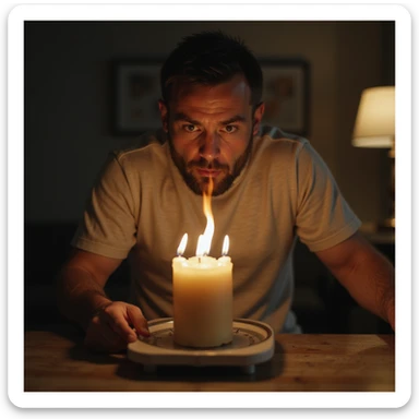 hyperrealistic 4K scene of a man blowing out candles and immediately weighing himself on a scale, surprised or worried expression, home environment sticker