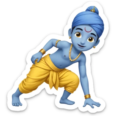 Kid Krishna, crawling, mischievous expression, blue skin sticker