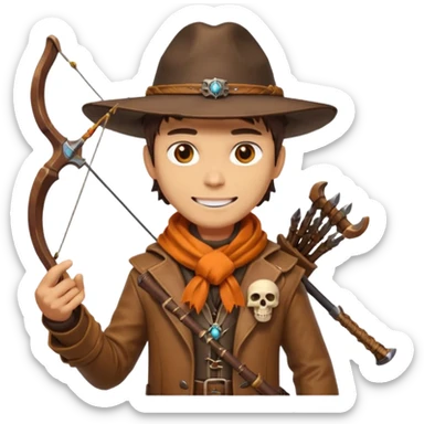 male human monster hunter emoji, wearing brown leather coat and wide hat, holding crossbow, with amulet shaped like skull, Halloween fantasy theme, confident smile, orange scarf, Apple emoji style, clean white background, square image sticker