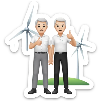 an older white man with grey hair and a white shirt and black pants doing a thumbs up pose, standing next to a single silver wind turbine sticker