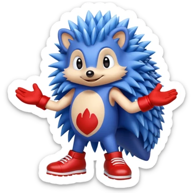 a blue hedgehog that has arms and legs with a tan chest fur, and some gloves and red and white shoes sticker